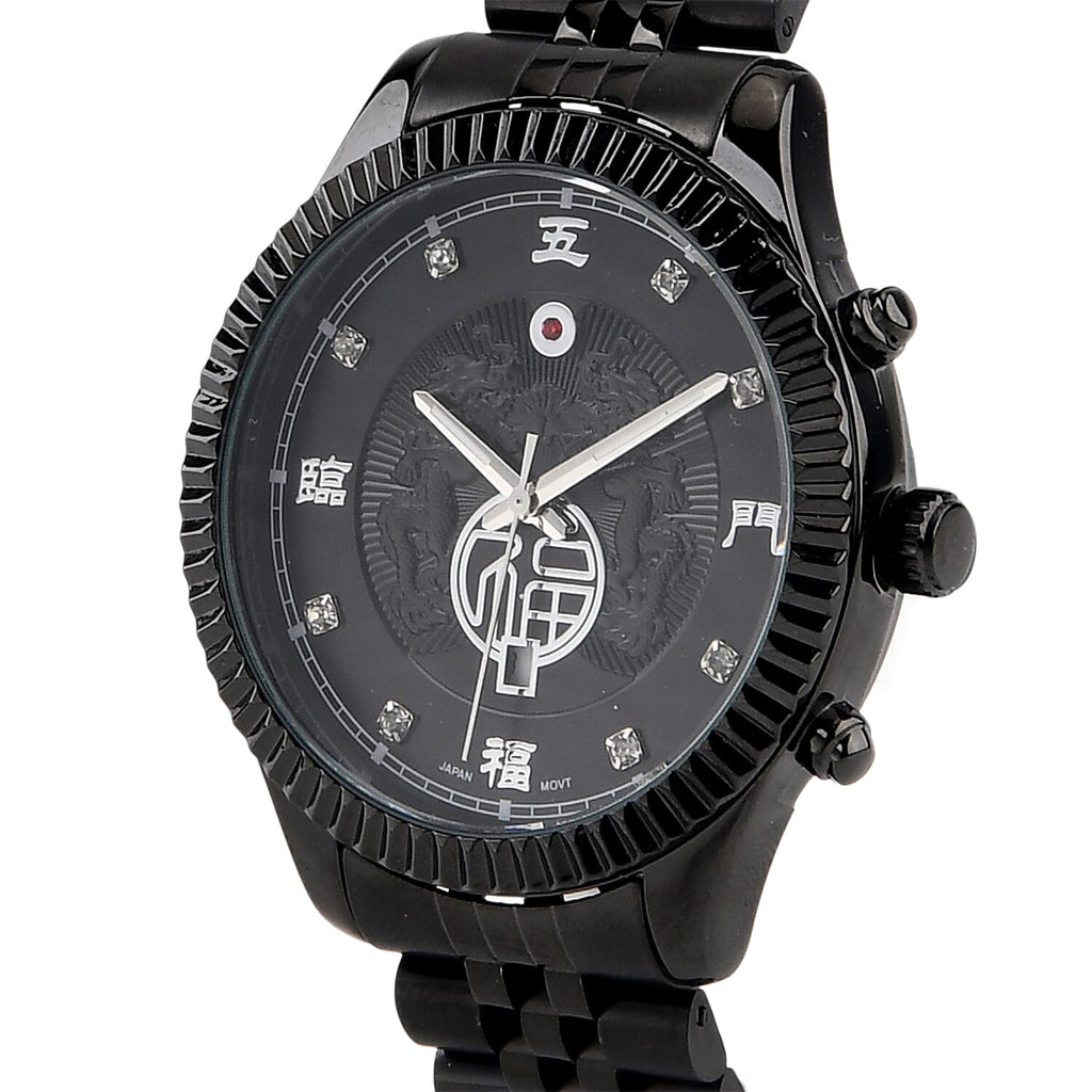 GENOA TIME V2 Miyota 2115 Quartz 3ATM WR Dragon Pattern & Crystal Dial & Black Case Mens Watch with Black Stainless Steel Strap