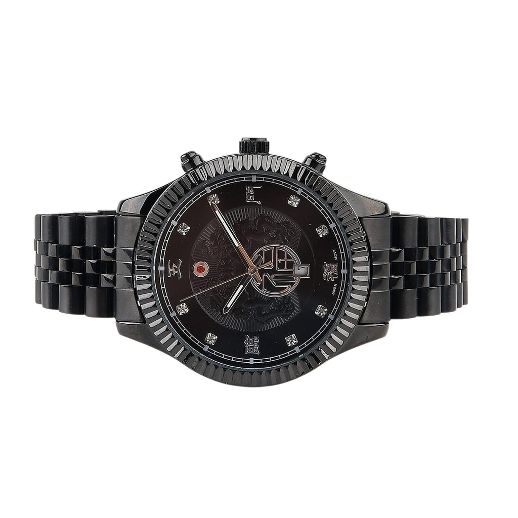 GENOA TIME V2 Miyota 2115 Quartz 3ATM WR Dragon Pattern & Crystal Dial & Black Case Mens Watch with Black Stainless Steel Strap