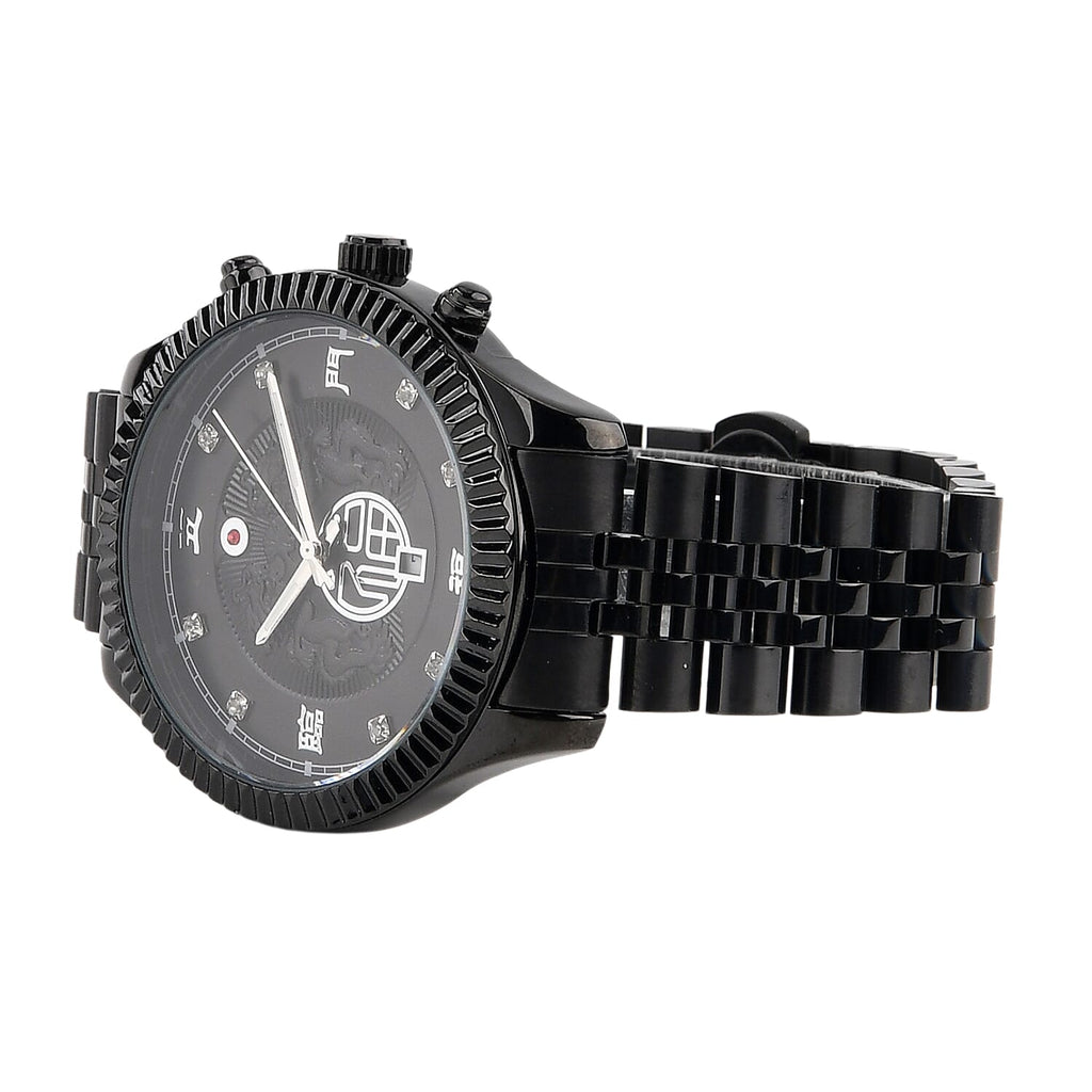 GENOA TIME V2 Miyota 2115 Quartz 3ATM WR Dragon Pattern & Crystal Dial & Black Case Mens Watch with Black Stainless Steel Strap
