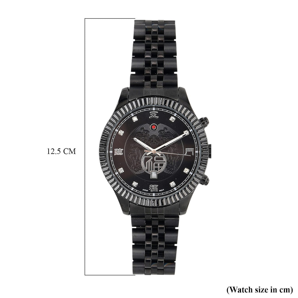 GENOA TIME V2 Miyota 2115 Quartz 3ATM WR Dragon Pattern & Crystal Dial & Black Case Mens Watch with Black Stainless Steel Strap