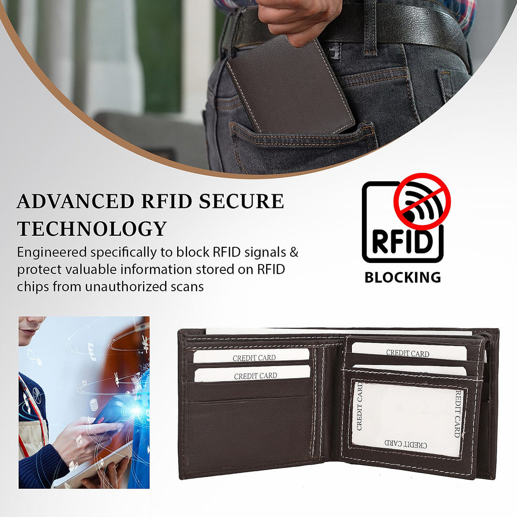 Genuine Leather Bi-Fold Men Wallet RFID (Size 23x9 cm) - Brown