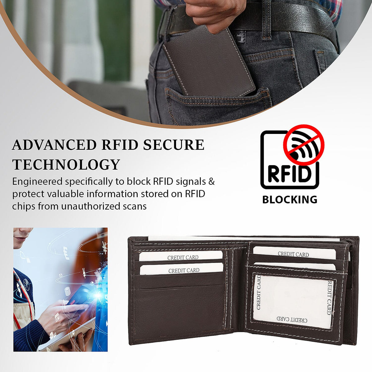 Genuine Leather Bi-Fold Men Wallet RFID - Brown 7162241 3
