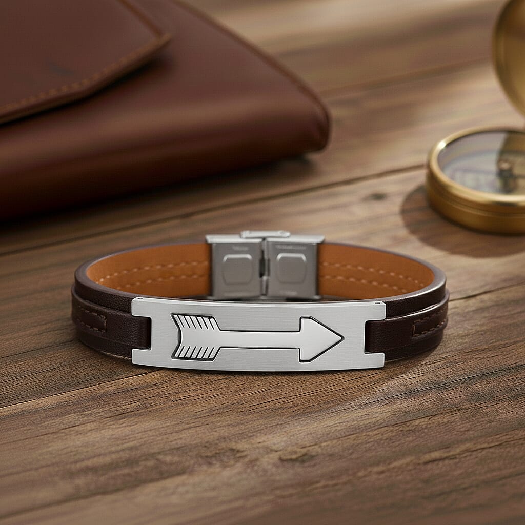Genuine Leather Bracelet (Size - 8) in Silver Tone 8250104 8