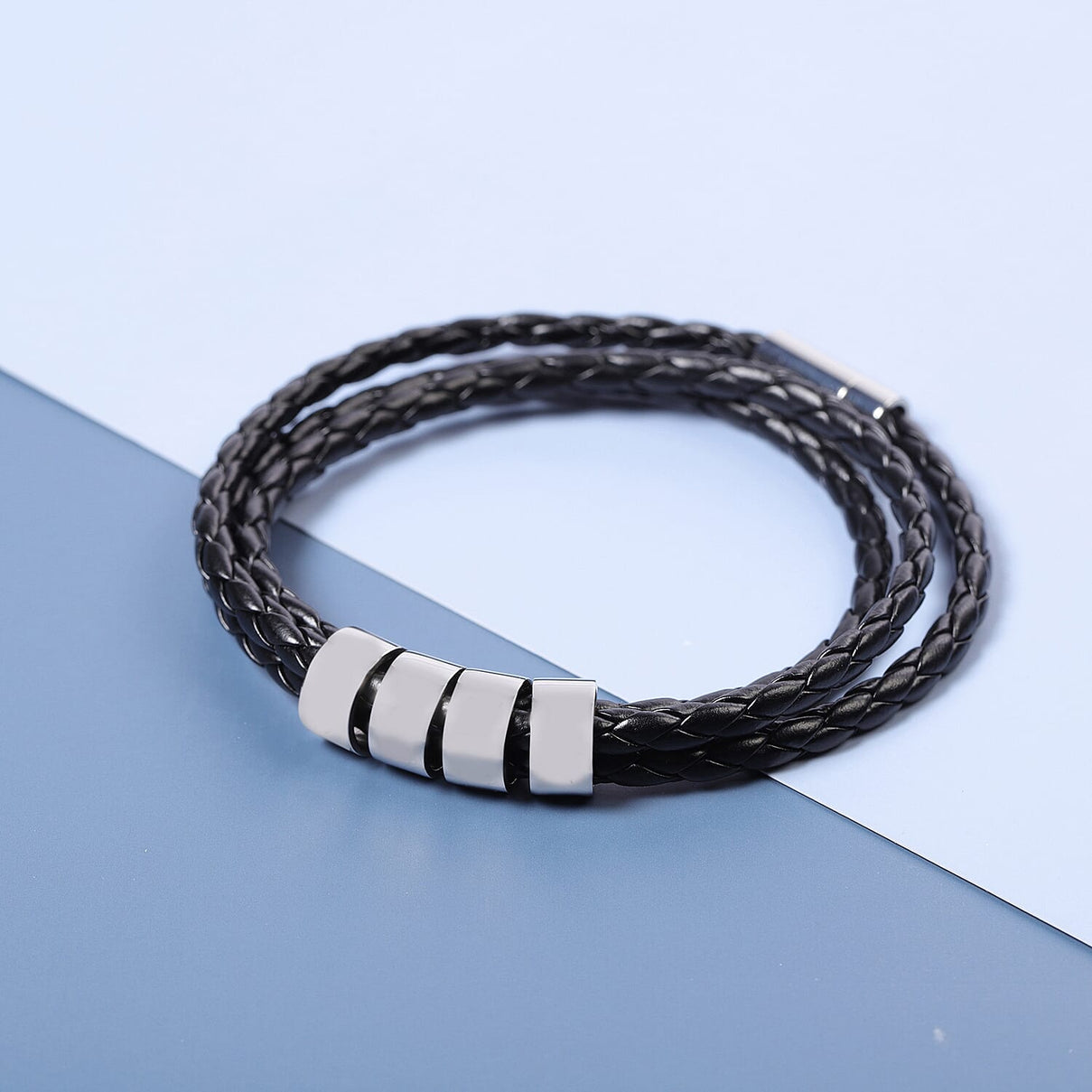 Genuine Leather Braided Bracelet in Stainless Steel 3623475 1