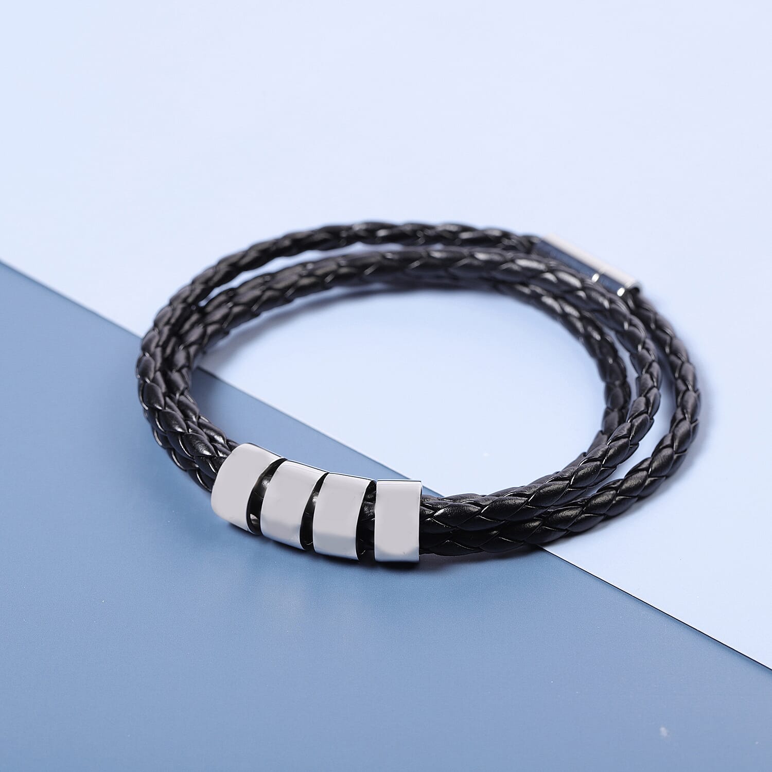 Genuine Leather Braided Bracelet in Stainless Steel 3623475 1