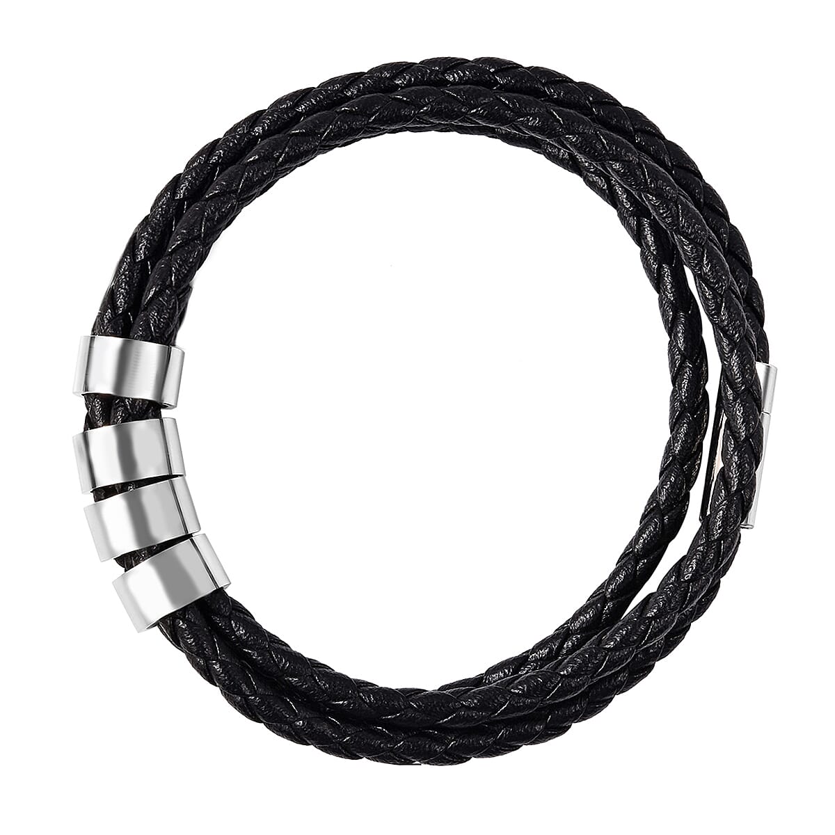 Genuine Leather Braided Bracelet in Stainless Steel 3623475 2