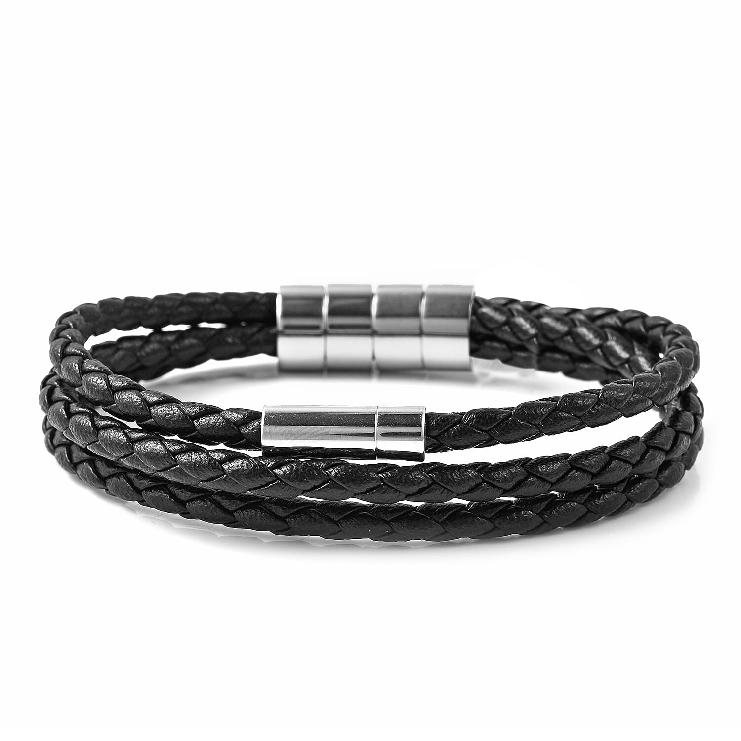 Genuine Leather Braided Bracelet in Stainless Steel 3623475 4