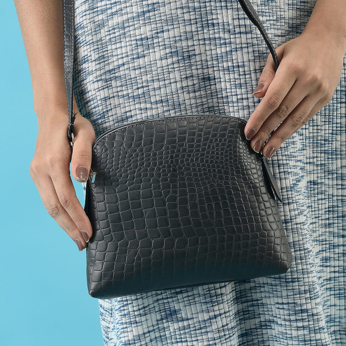 Genuine Leather Croc Embossed Crossbody Bag  - Grey 7617855 3