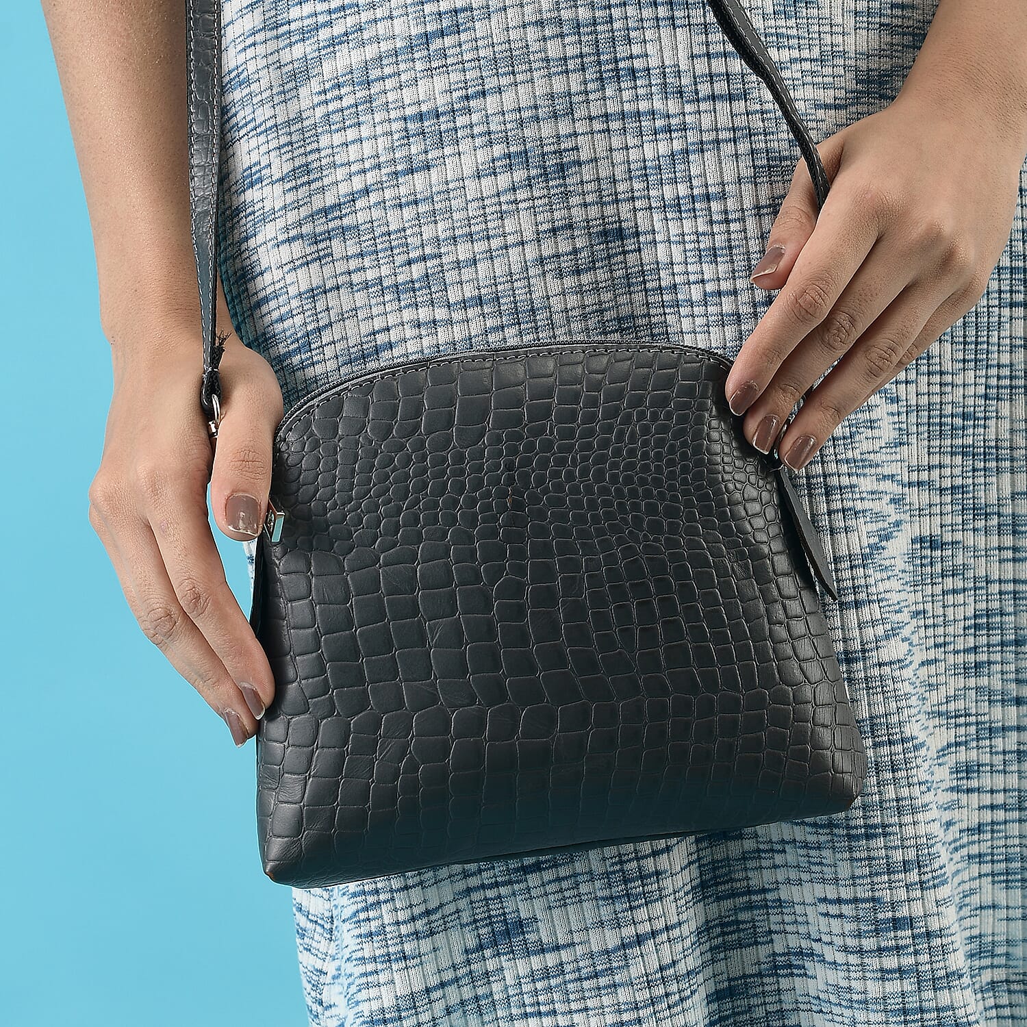 Genuine Leather Croc Embossed Crossbody Bag  - Grey 7617855 3