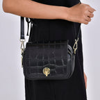 Sencilez Of Barcelona 100% Genuine Leather Croc Emobossed Crossbody Bag - Black
