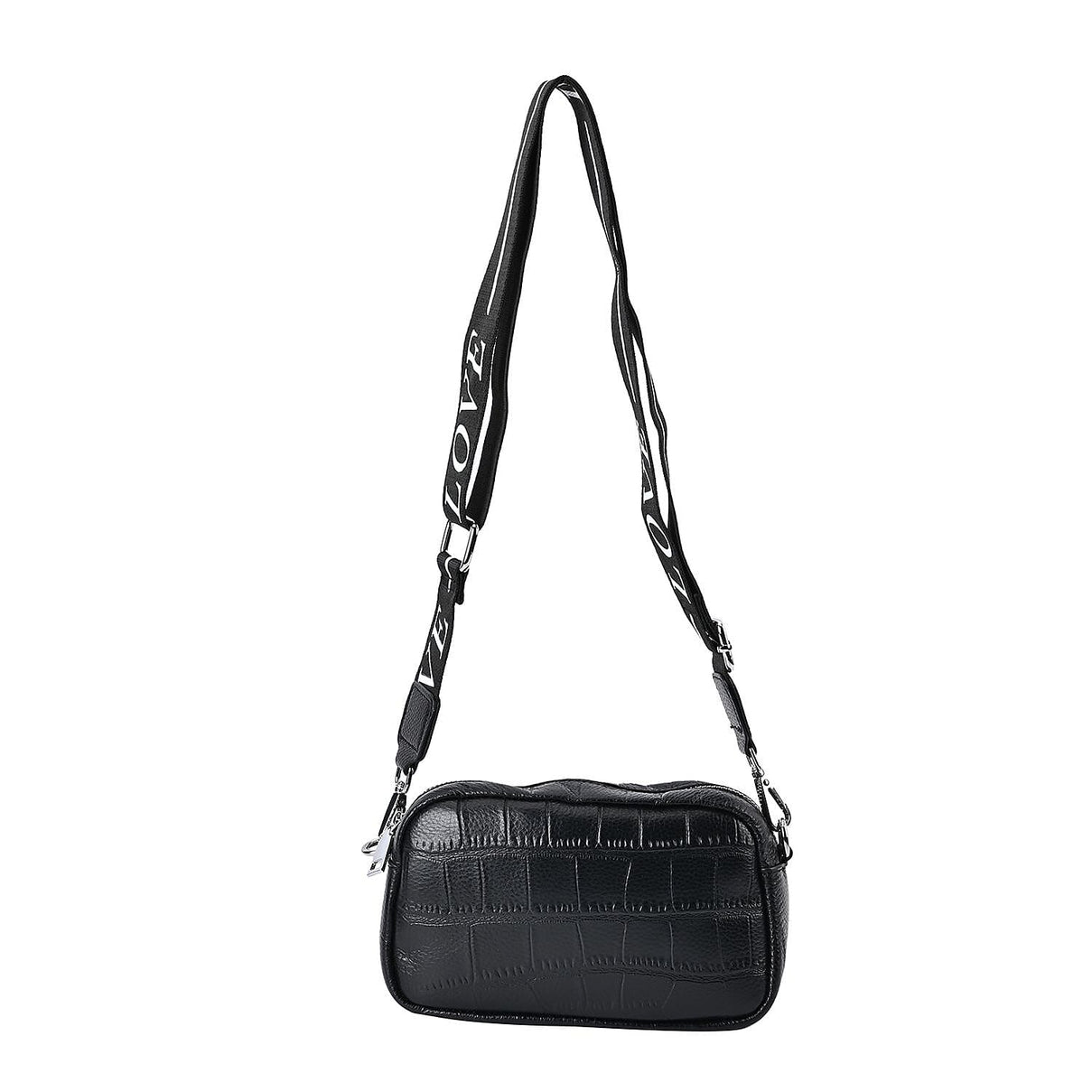 100% Genuine Leather Croc Emobossed Crossbody Bag With LOVE lettering Long Shoulder Strap - Black 7625315 0