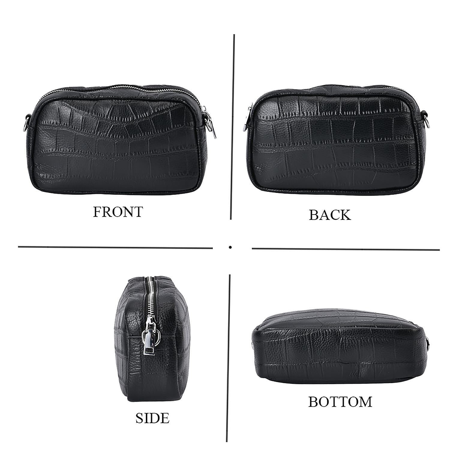 100% Genuine Leather Croc Emobossed Crossbody Bag With LOVE lettering Long Shoulder Strap - Black 7625315 1