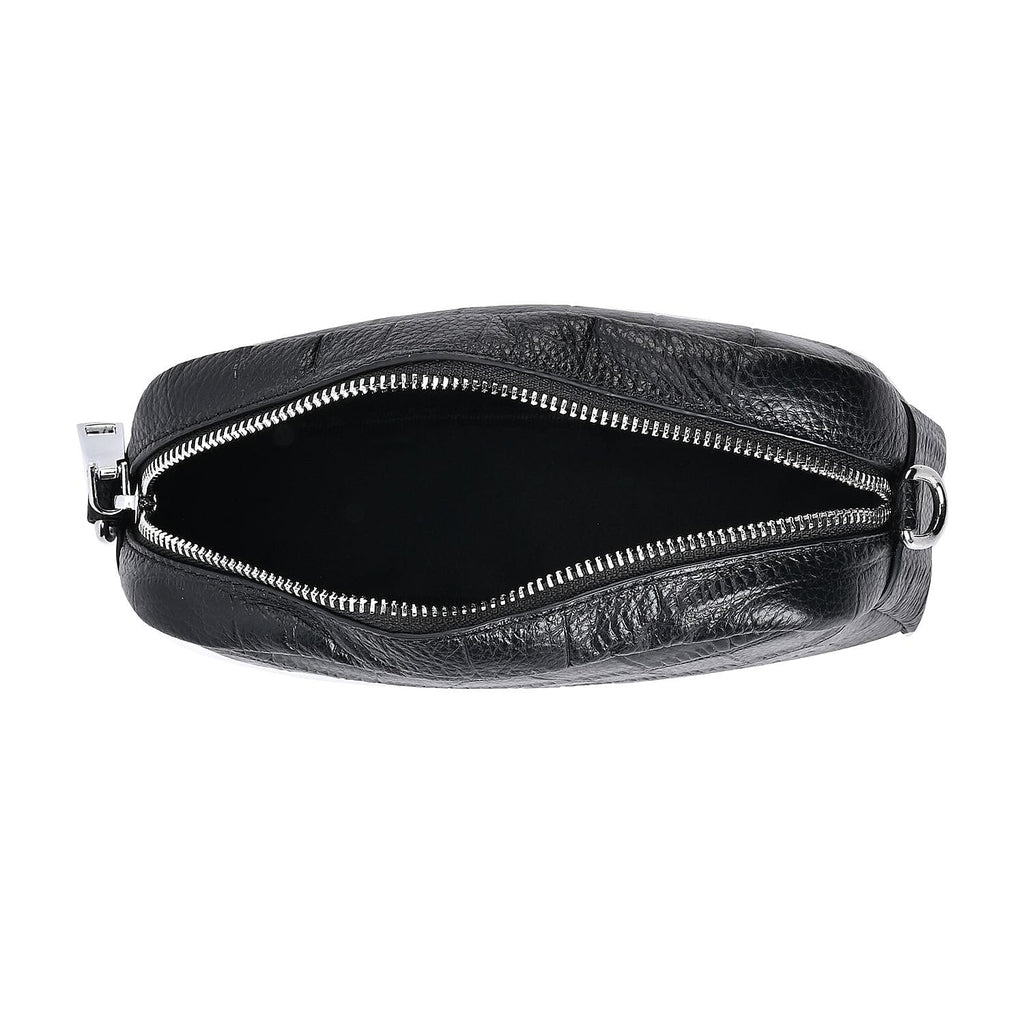 100% Genuine Leather Croc Emobossed Crossbody Bag With LOVE lettering Long Shoulder Strap - Black