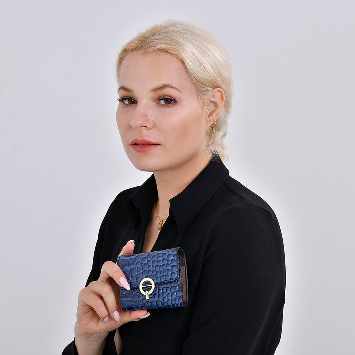 RFID Protected Genuine Leather Croco Embossed Wallet - Navy 7630943 2