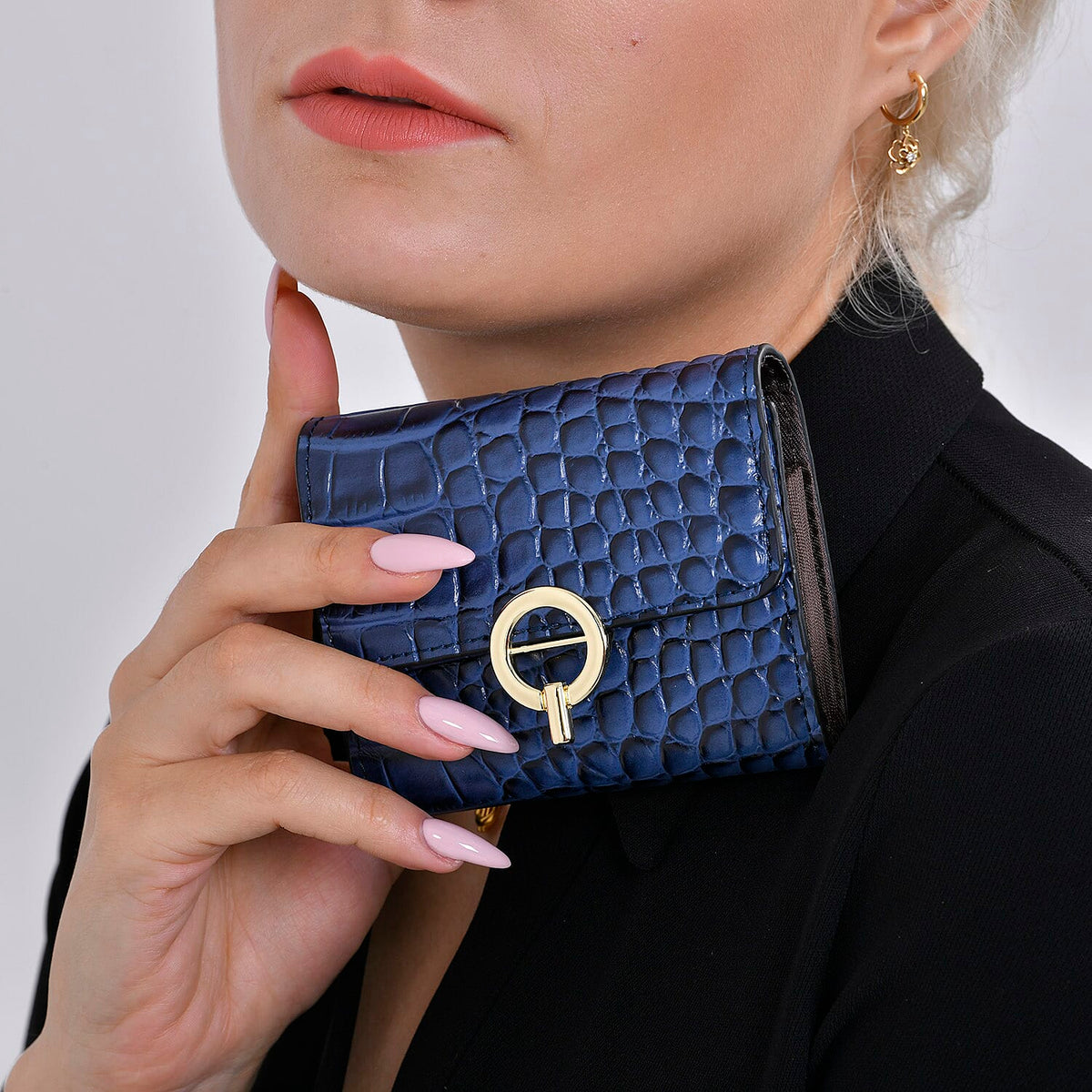 RFID Protected Genuine Leather Croco Embossed Wallet - Navy 7630943 2