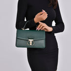 Designer Inspired Closeout Deal - Genuine Leather Structured Top Handle Satchel with Gold-Tone Lock - Green