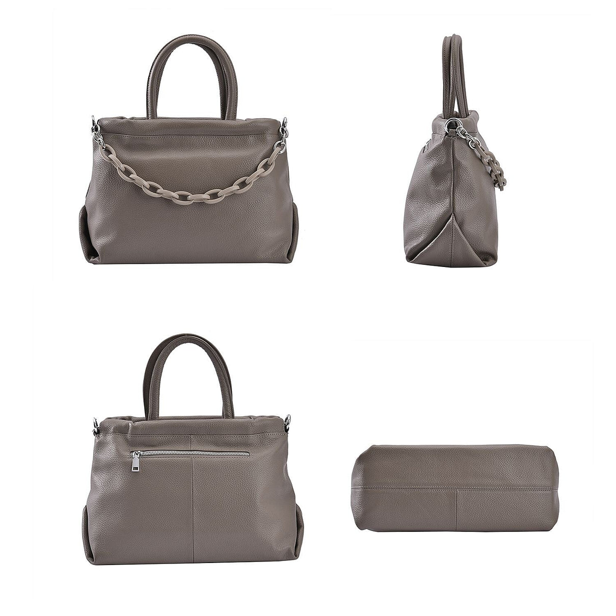 Genuine Leather Crossbody Bag with Chain - Grey 7193402 2