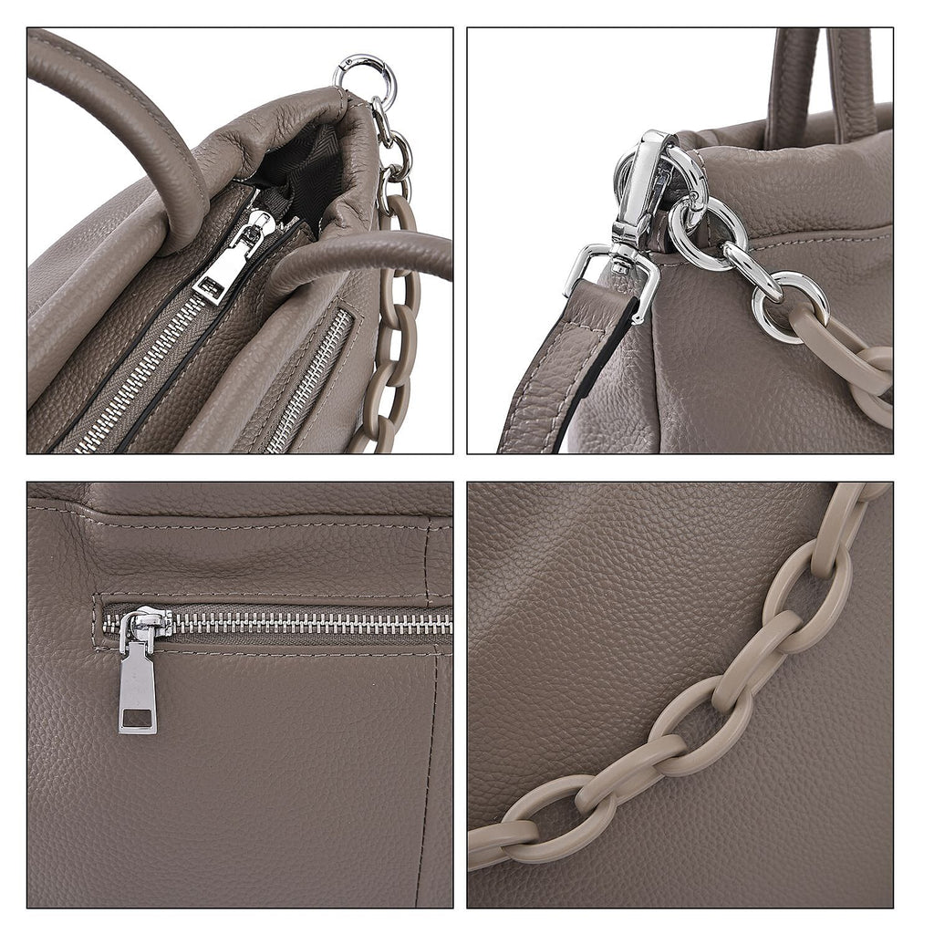 Genuine Leather Crossbody Bag with Chain - Grey