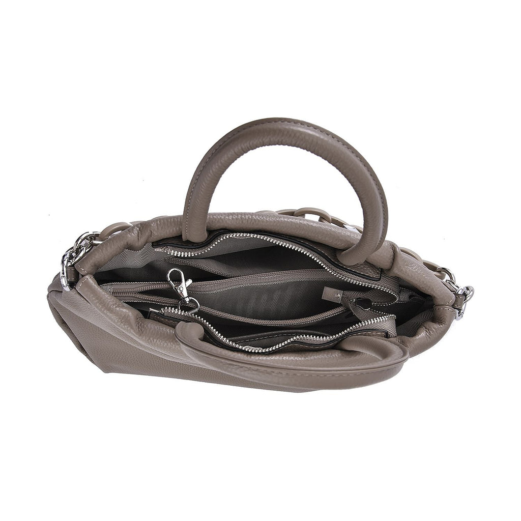 Genuine Leather Crossbody Bag with Chain - Grey