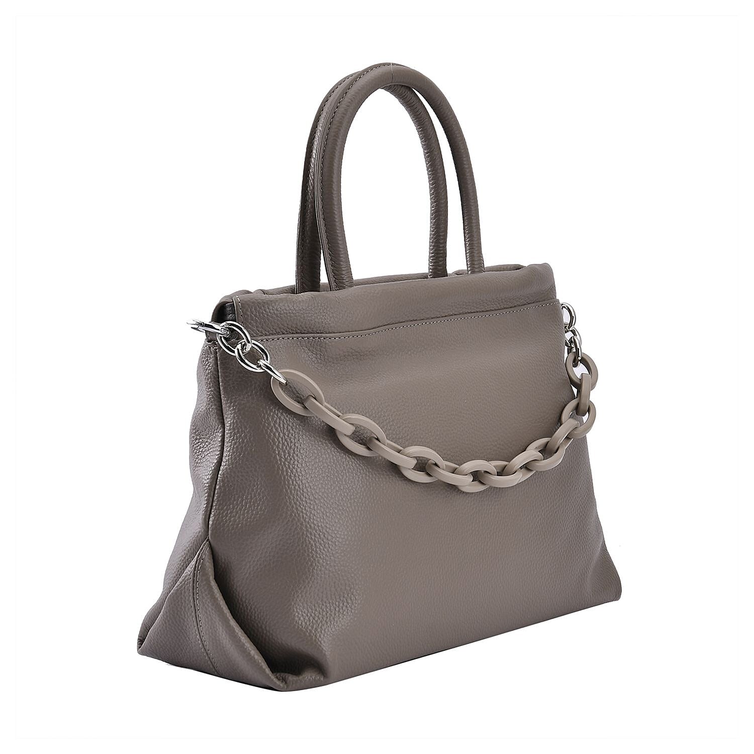 Genuine Leather Crossbody Bag with Chain - Grey 7193402 5