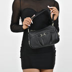 Genuine Leather Crossbody Bag with Detachable Strap - Black