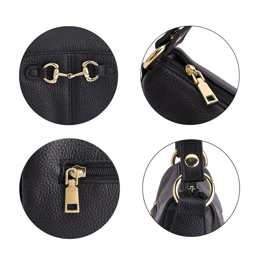 Genuine Leather Crossbody Bag with Detachable Strap - Black