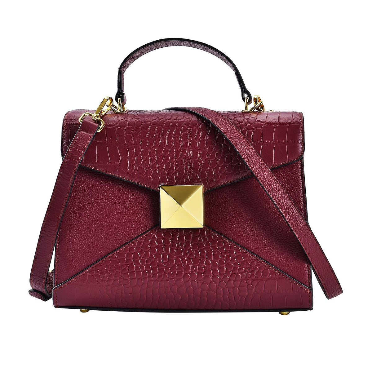 Designer Inspired - Genuine Leather Stud Handbag with Detachable Shoulder Strap - Burgundy 7631598 0