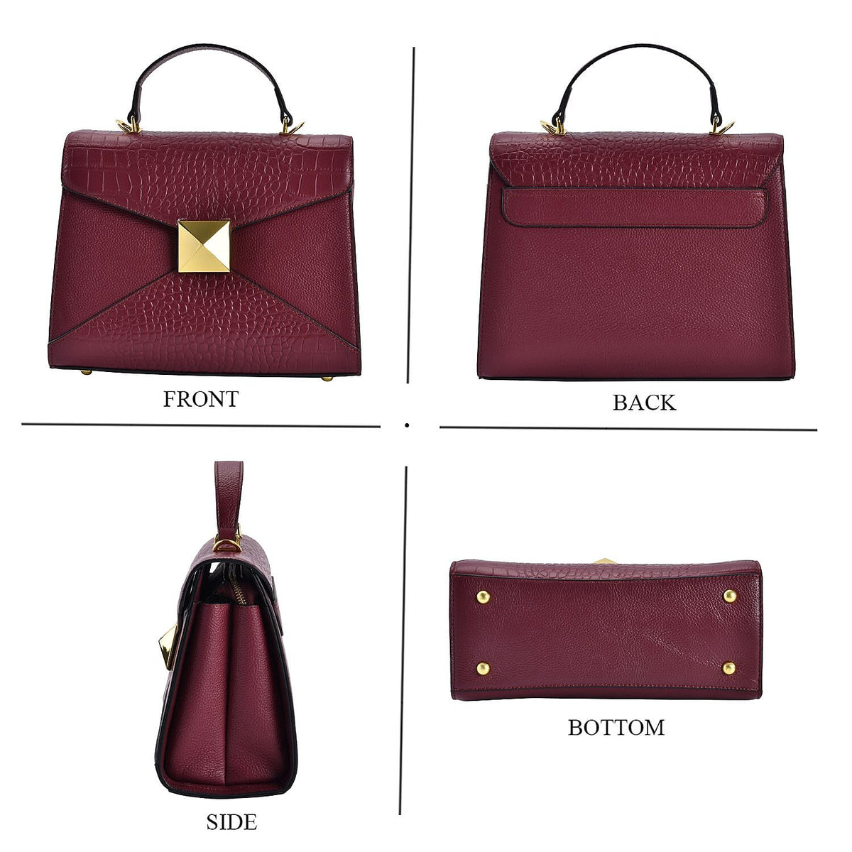 Designer Inspired - Genuine Leather Stud Handbag with Detachable Shoulder Strap - Burgundy 7631598 2