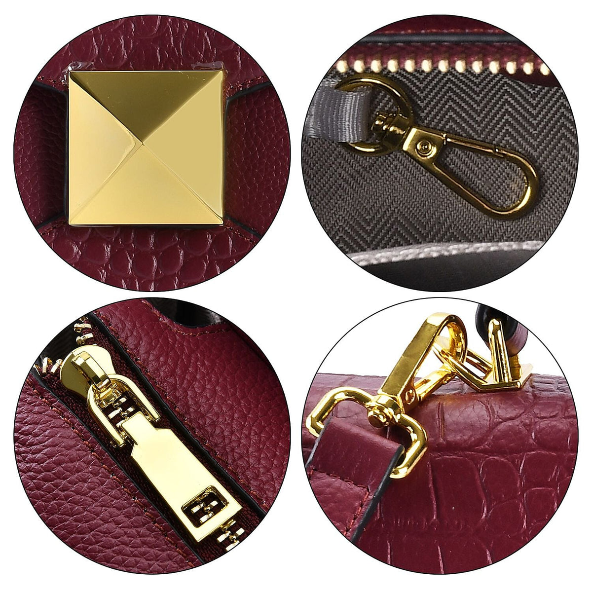 Designer Inspired - Genuine Leather Stud Handbag with Detachable Shoulder Strap - Burgundy 7631598 4