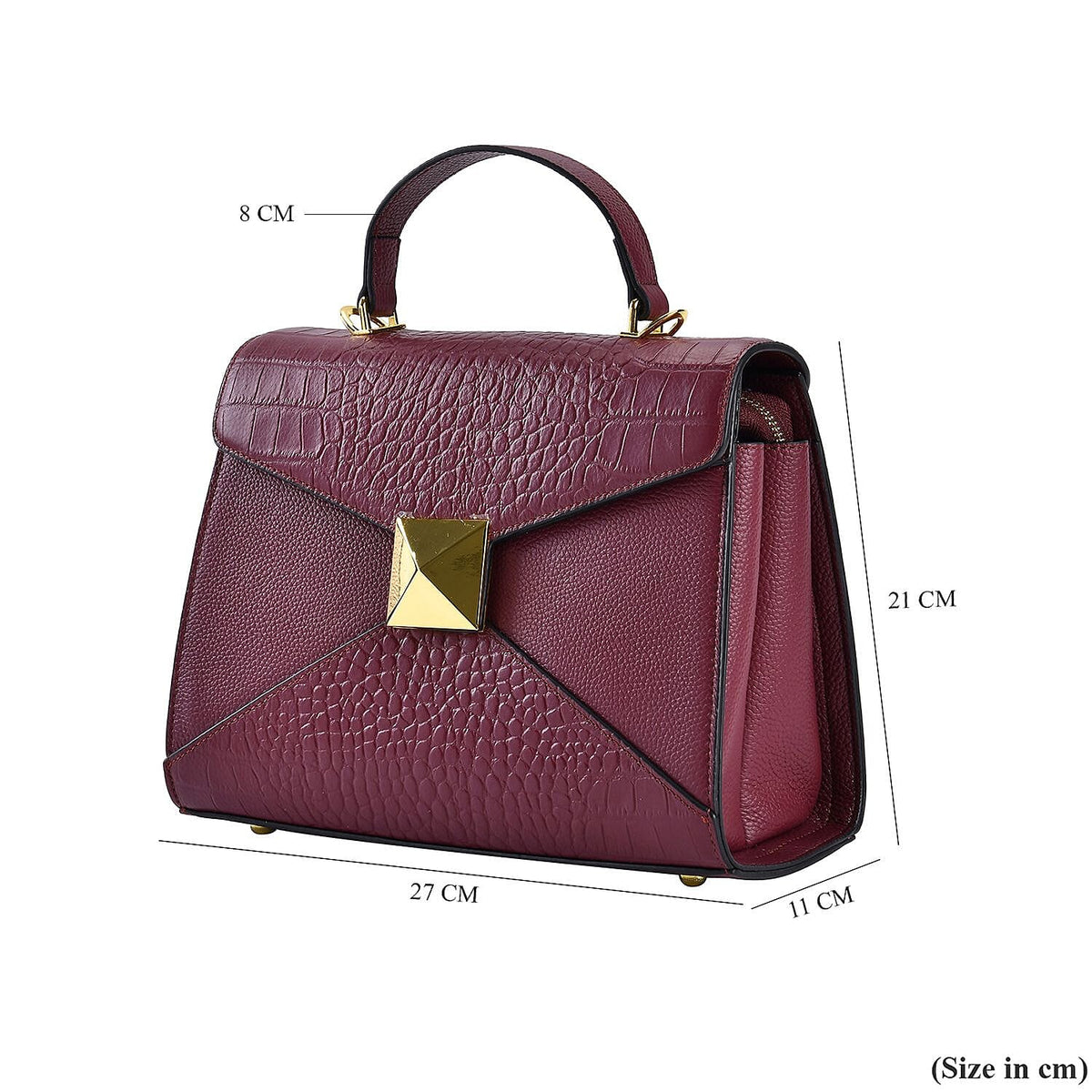 Designer Inspired - Genuine Leather Stud Handbag with Detachable Shoulder Strap - Burgundy 7631598 5