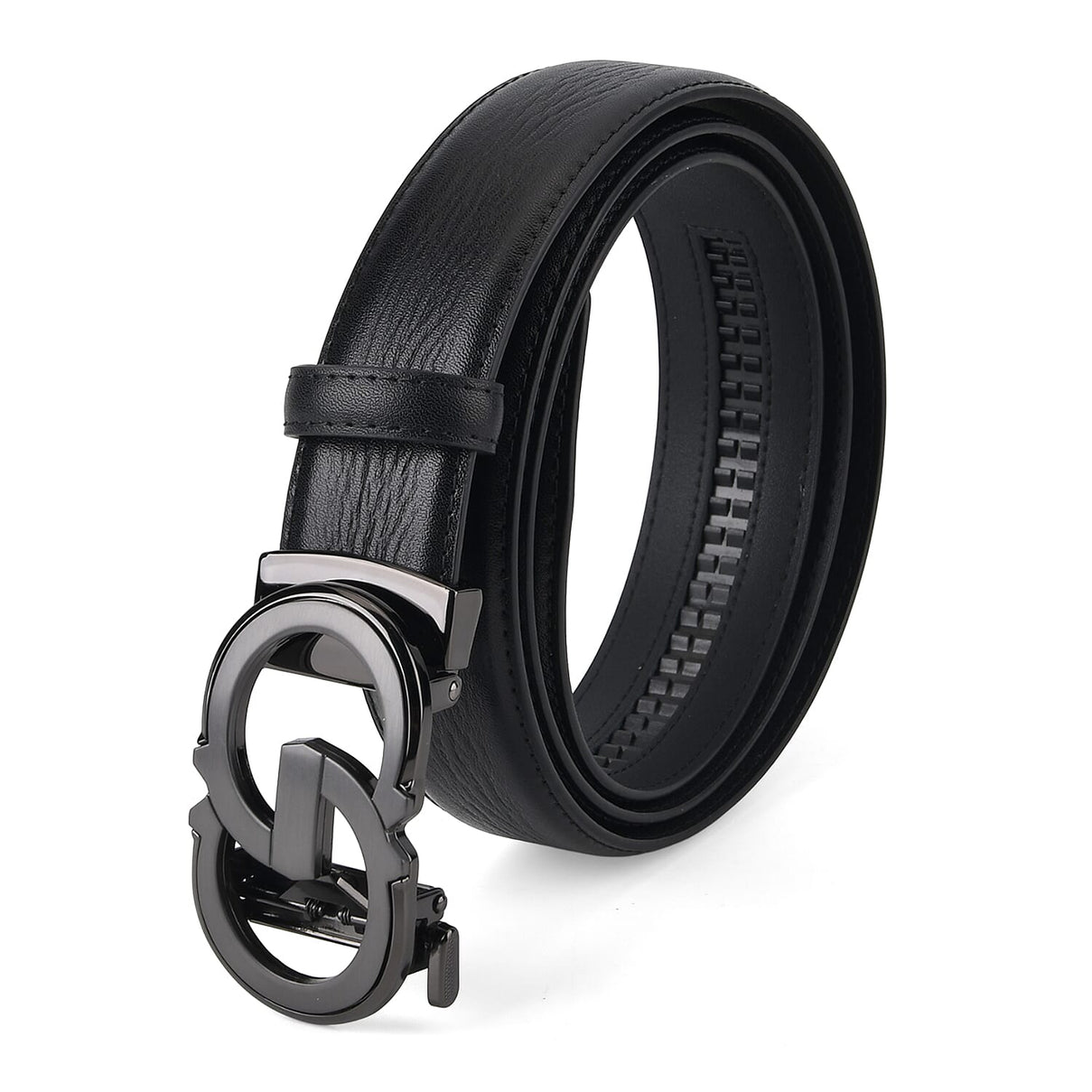 Genuine Leather Unisex Belt with Elegant Interlocking Geometric Buckle (115 CM, Medium) - Black 8426215 0