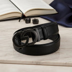 Genuine Leather Unisex Belt with Elegant Interlocking Geometric Buckle (115 CM, Medium) - Black