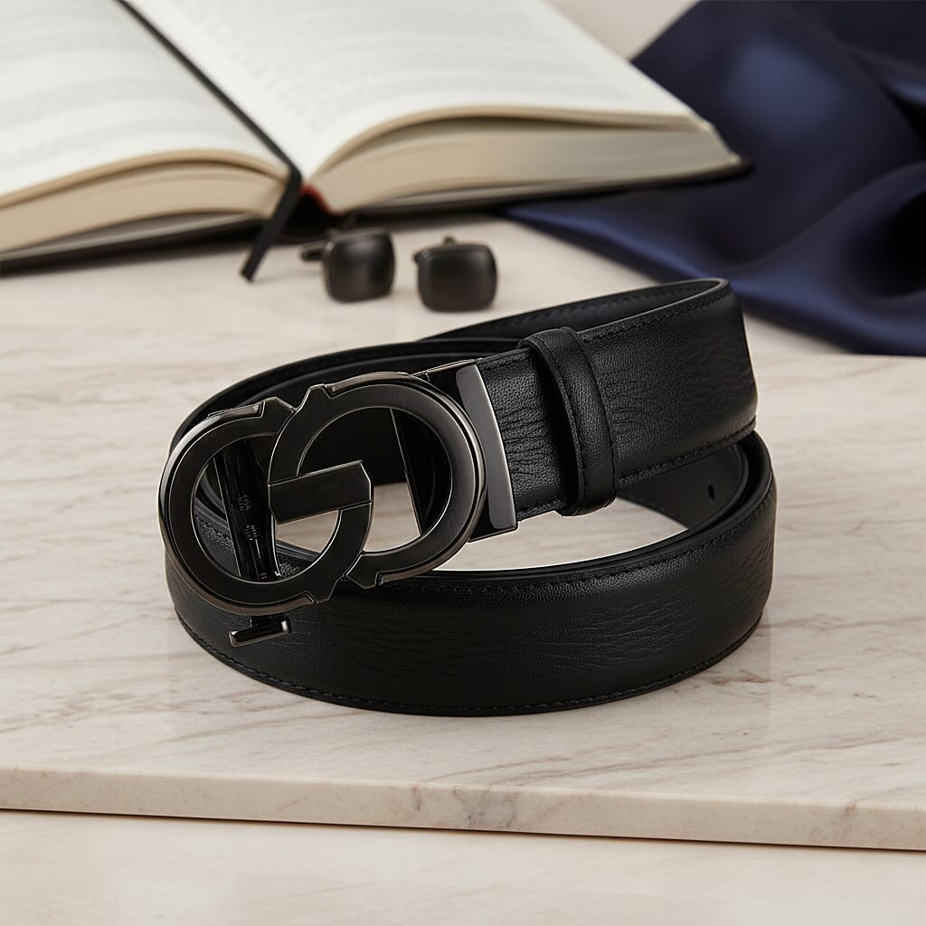 Genuine Leather Unisex Belt with Elegant Interlocking Geometric Buckle (115 CM, Medium) - Black 8426215 2