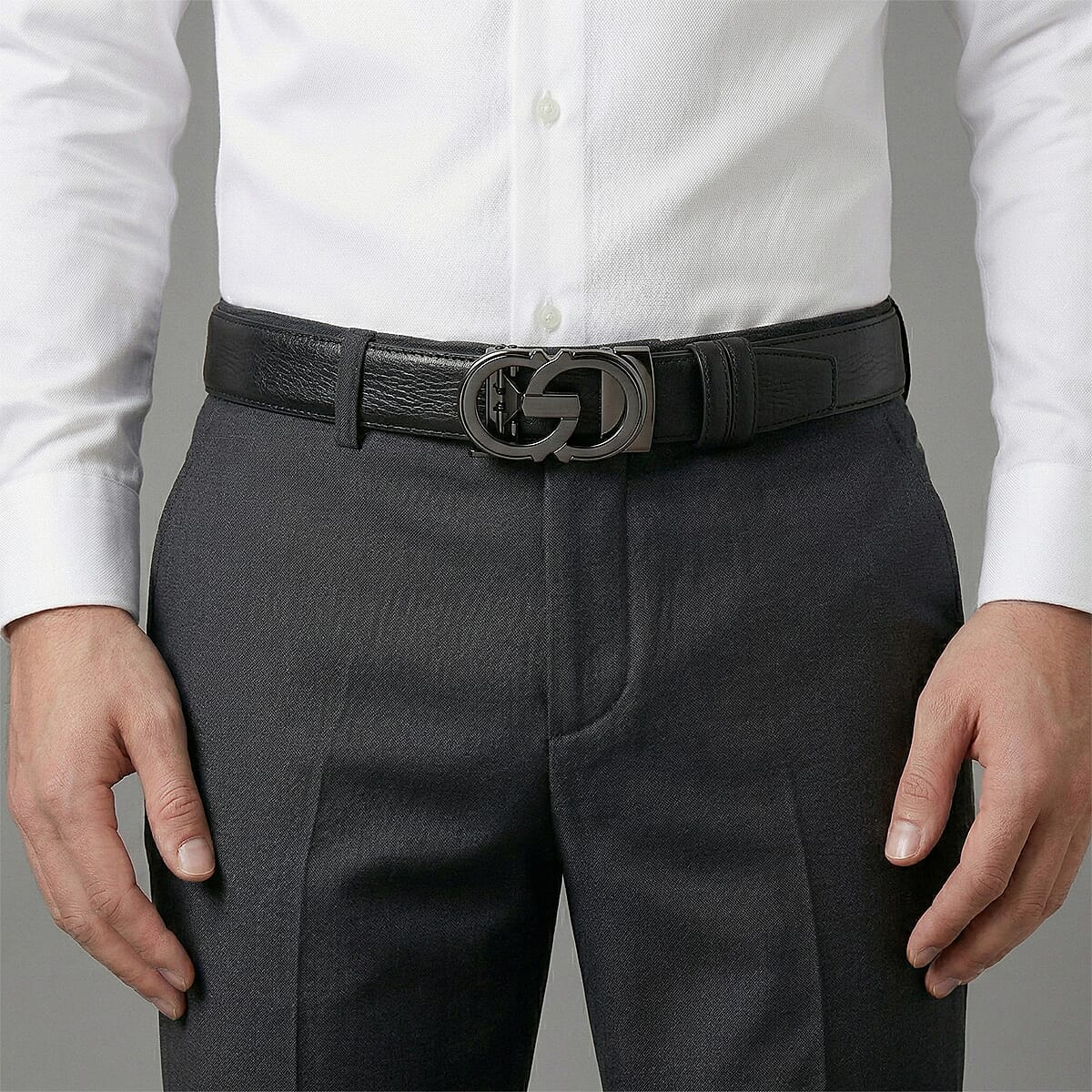 Genuine Leather Unisex Belt with Elegant Interlocking Geometric Buckle (115 CM, Medium) - Black 8426215 3