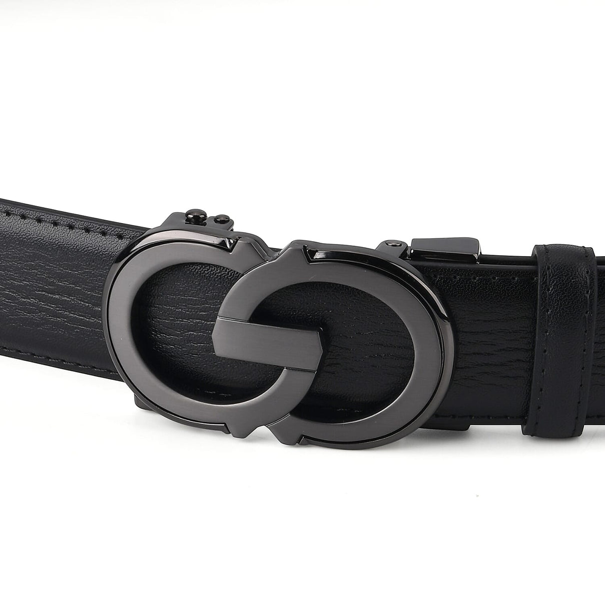 Genuine Leather Unisex Belt with Elegant Interlocking Geometric Buckle (115 CM, Medium) - Black 8426215 5