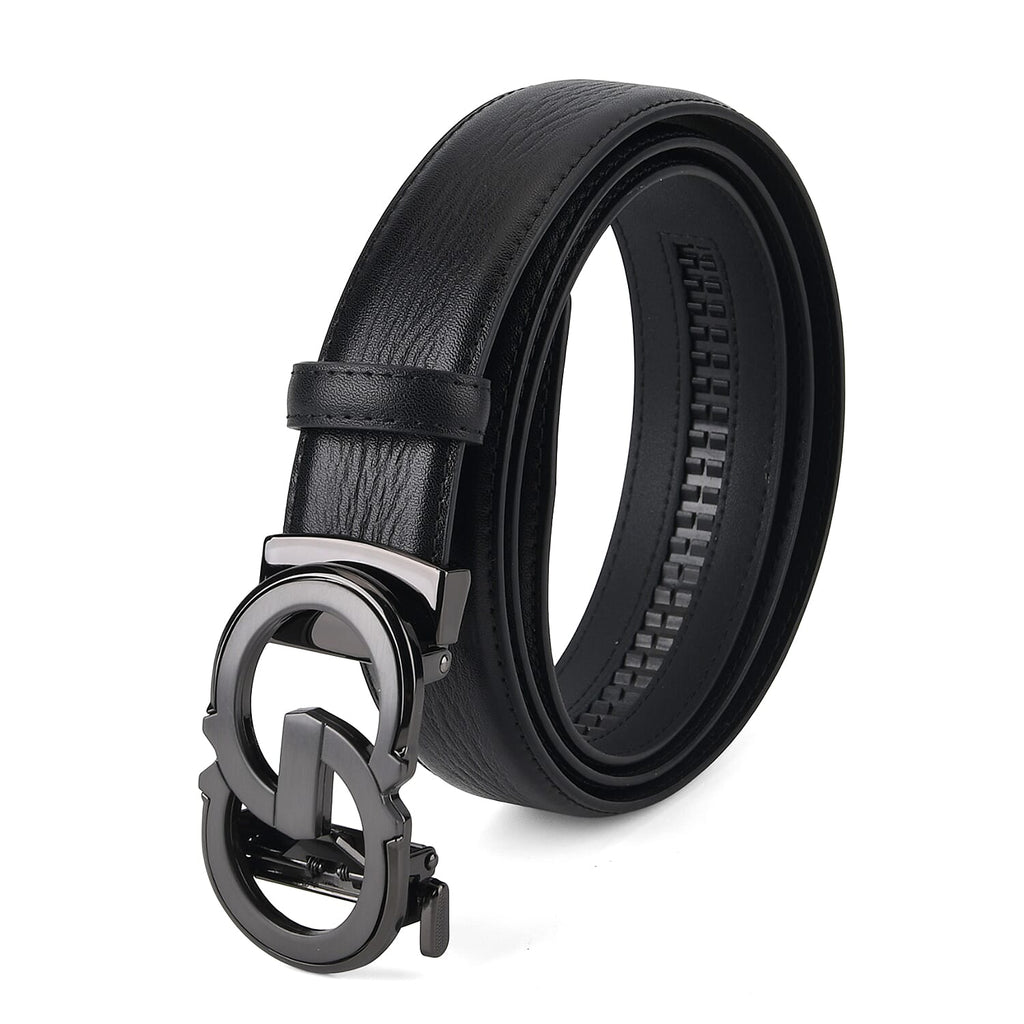 Genuine Leather Unisex Belt with Elegant Interlocking Geometric Buckle (130 CM, Large) - Black