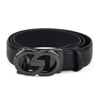 Genuine Leather Unisex Belt with Elegant Interlocking Geometric Buckle (130 CM, Large) - Black