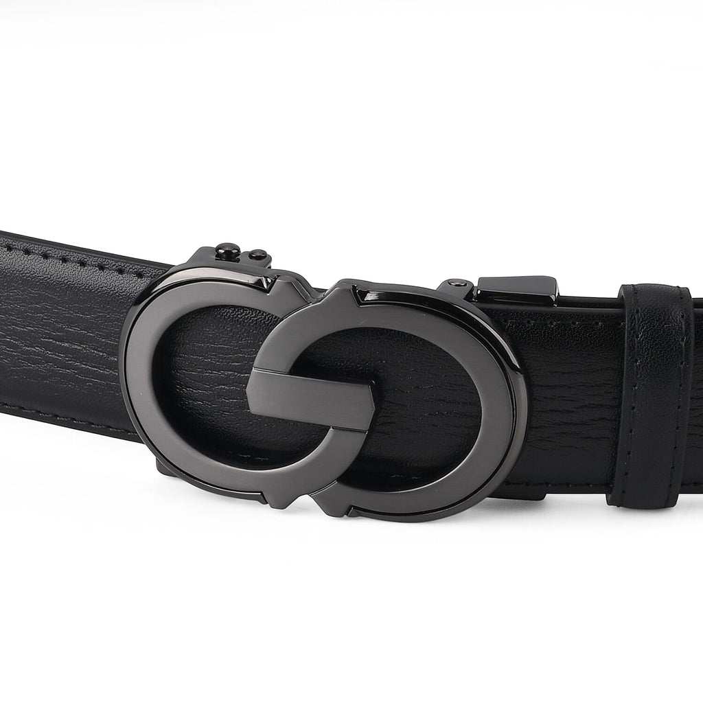 Genuine Leather Unisex Belt with Elegant Interlocking Geometric Buckle (130 CM, Large) - Black