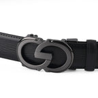 Genuine Leather Unisex Belt with Elegant Interlocking Geometric Buckle (130 CM, Large) - Black