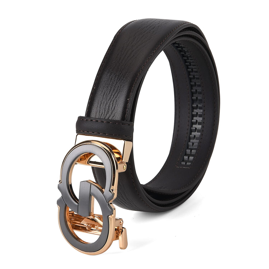 Genuine Leather Unisex Belt with Elegant Interlocking Geometric Buckle (115 CM, Medium) - Dark Brown
