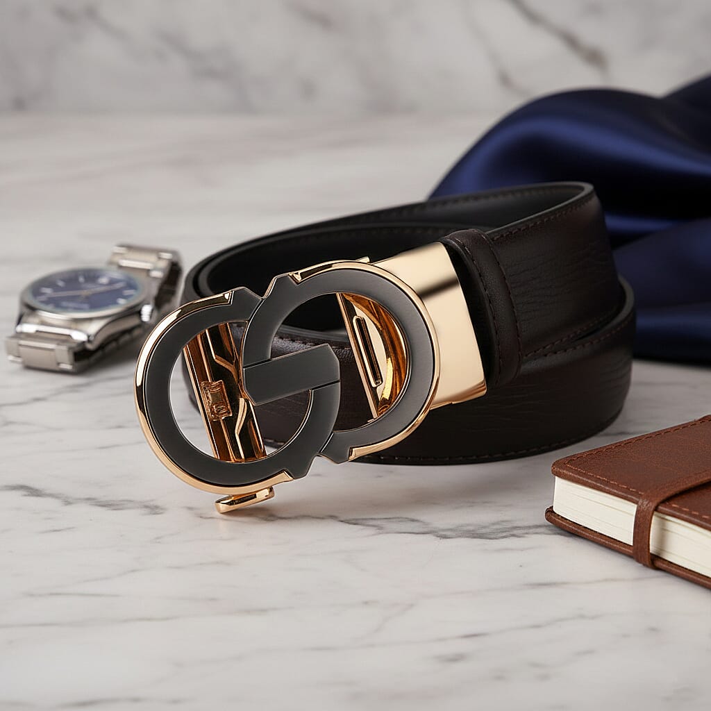 Genuine Leather Unisex Belt with Elegant Interlocking Geometric Buckle (115 CM, Medium) - Dark Brown 8426218 2