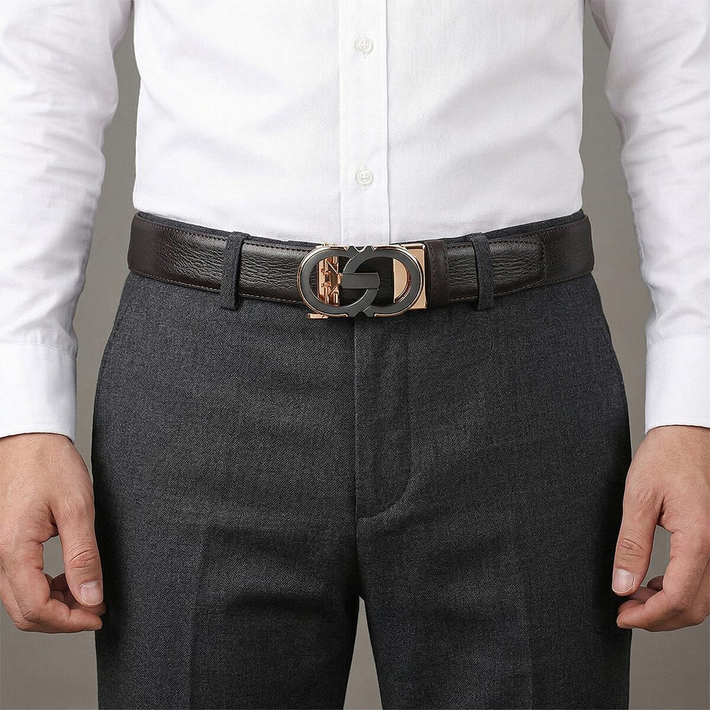 Genuine Leather Unisex Belt with Elegant Interlocking Geometric Buckle (115 CM, Medium) - Dark Brown