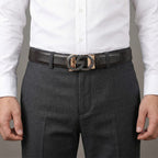 Genuine Leather Unisex Belt with Elegant Interlocking Geometric Buckle (115 CM, Medium) - Dark Brown