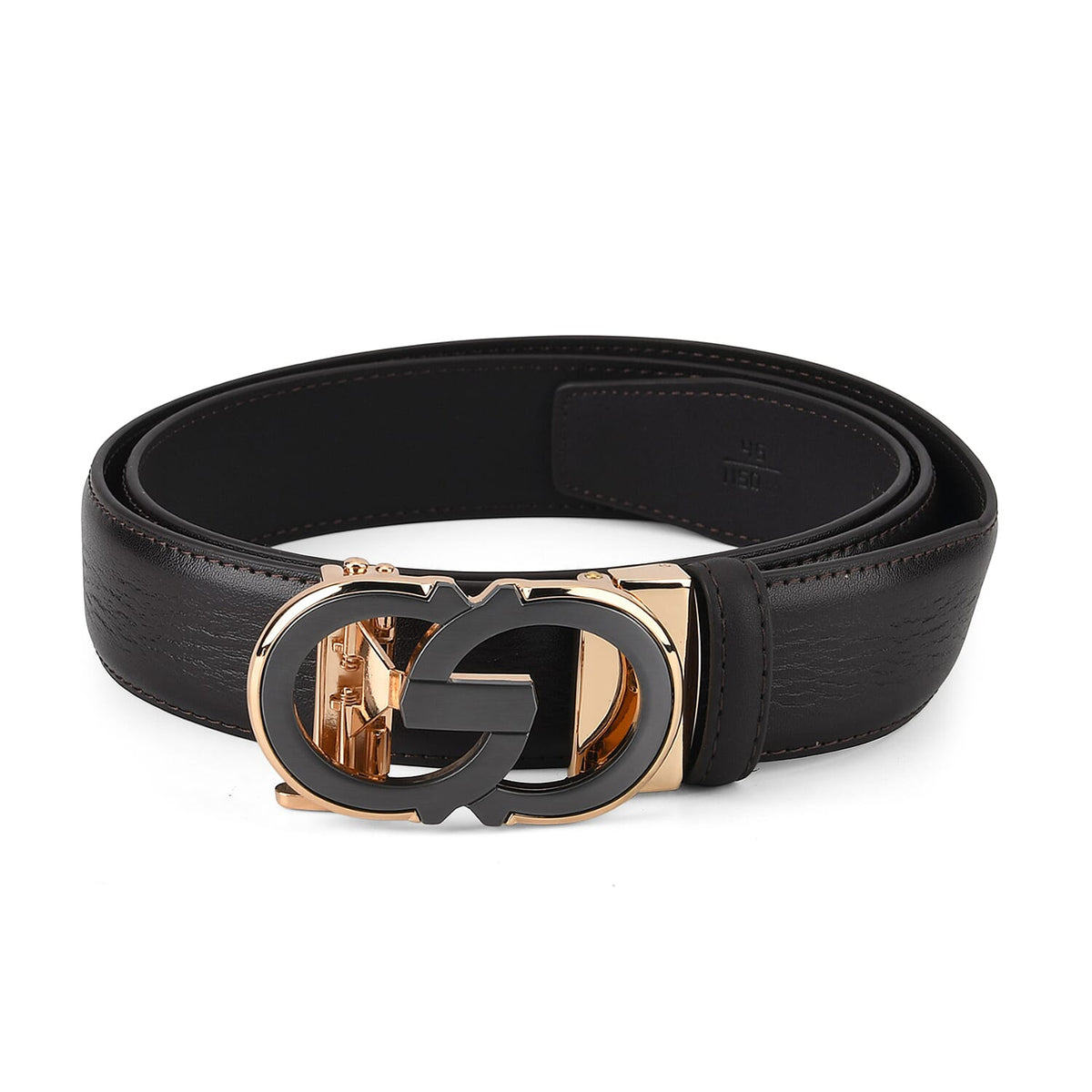 Genuine Leather Unisex Belt with Elegant Interlocking Geometric Buckle (115 CM, Medium) - Dark Brown 8426218 4