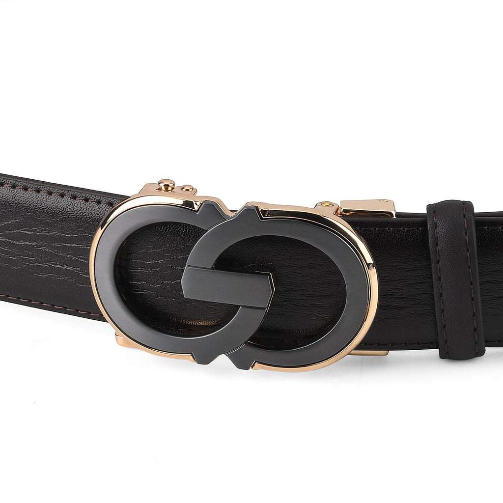 Genuine Leather Unisex Belt with Elegant Interlocking Geometric Buckle (115 CM, Medium) - Dark Brown