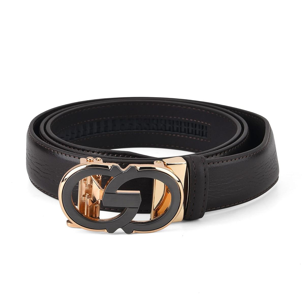 Genuine Leather Unisex Belt with Elegant Interlocking Geometric Buckle (130 CM, Large) - Dark Brown 8426219 4