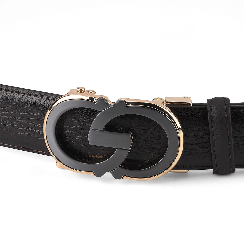 Genuine Leather Unisex Belt with Elegant Interlocking Geometric Buckle (130 CM, Large) - Dark Brown