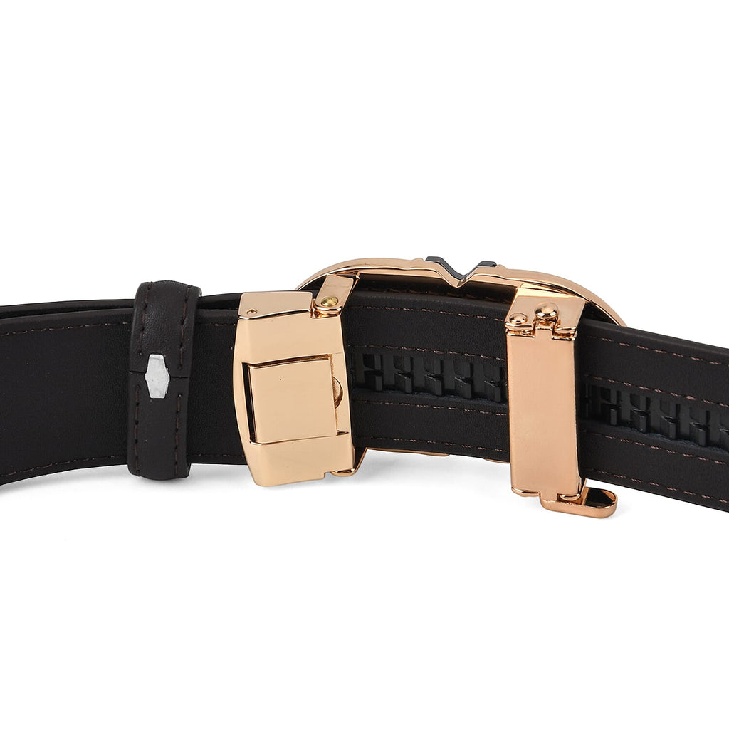 Genuine Leather Unisex Belt with Elegant Interlocking Geometric Buckle (130 CM, Large) - Dark Brown