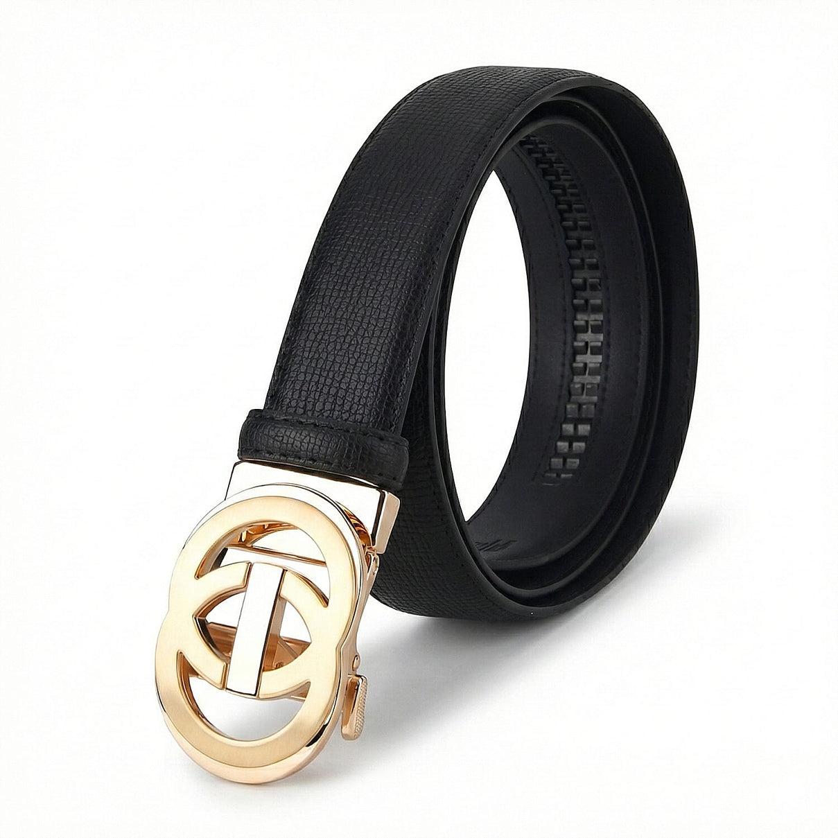 Genuine Leather Unisex Belt with Gold Interlocking Circular Buckle (115 CM, Medium) - Black 8423045 0