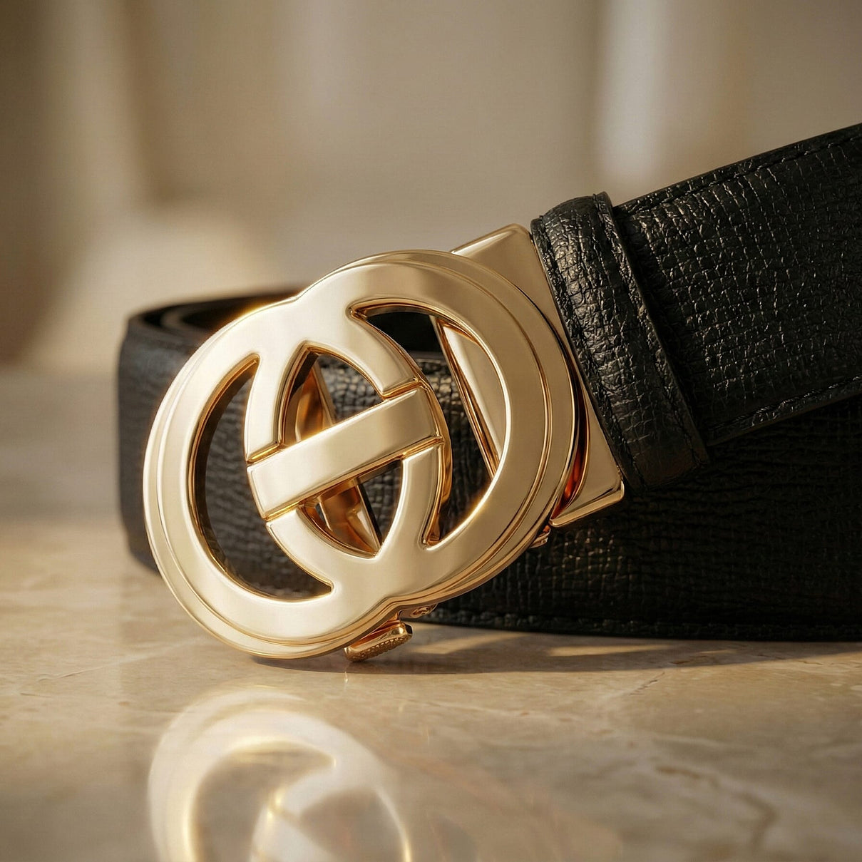 Genuine Leather Unisex Belt with Gold Interlocking Circular Buckle (115 CM, Medium) - Black 8423045 2